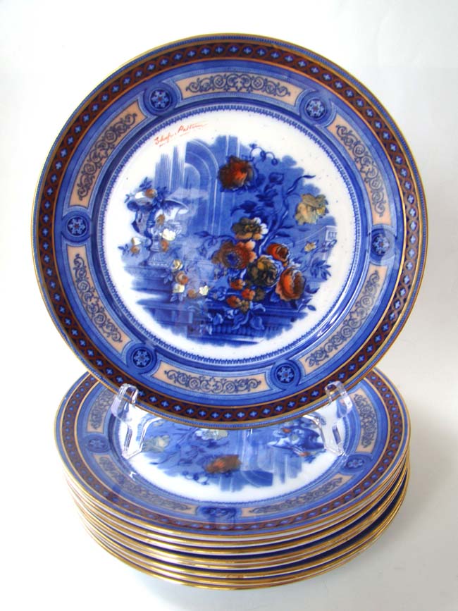 A RARE set of Nine antique DOULTON "Flow Blue" dinner plates including the original Master plate — image 2